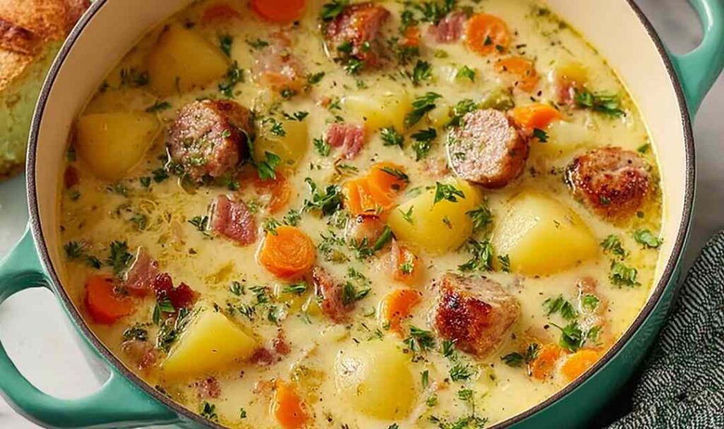 Creamy German potato soup with sausage served in a white bowl with fresh parsley garnish