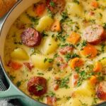 Creamy German potato soup with sausage served in a white bowl with fresh parsley garnish