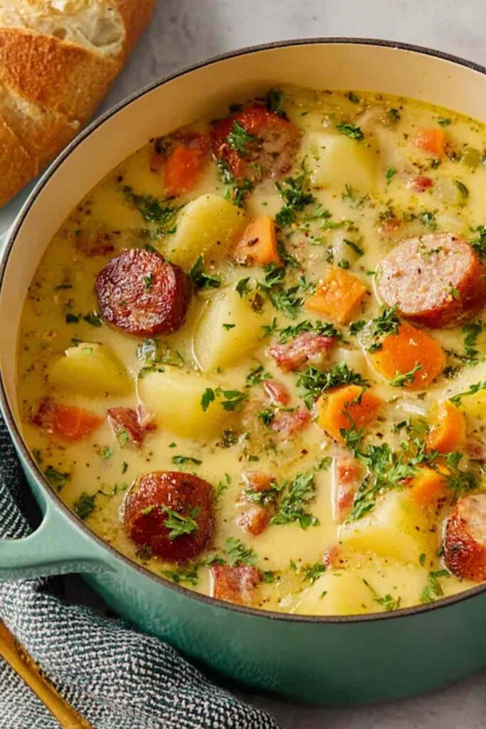 Creamy German potato soup with sausage served in a white bowl with fresh parsley garnish