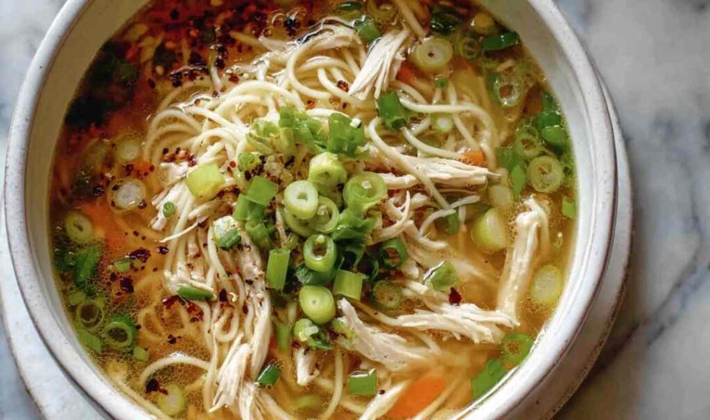 Bowl of ginger garlic chicken noodle soup topped with green onions and fresh cilantro