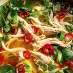 Bowl of ginger garlic chicken noodle soup with egg noodles, julienned carrots, wilted spinach, and green onion garnish