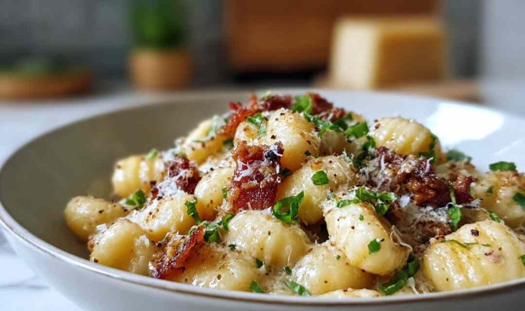 Creamy gnocchi carbonara with ground beef and Parmesan cheese in a skillet