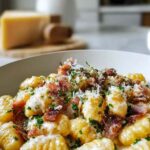 Creamy gnocchi carbonara with ground beef and Parmesan cheese in a skillet