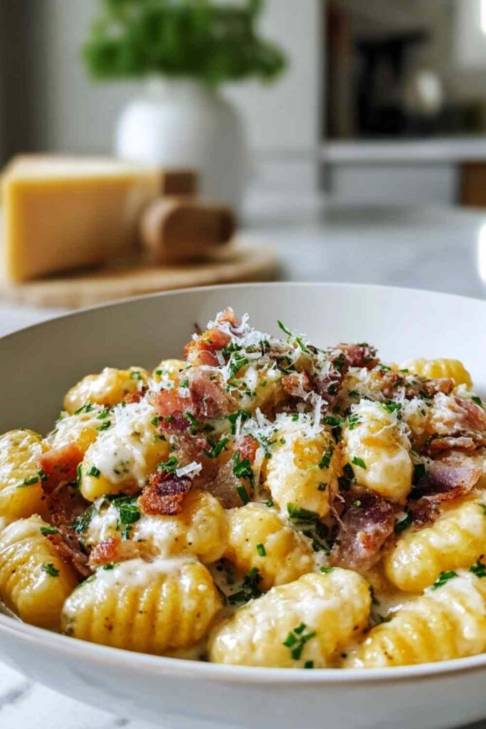 Creamy gnocchi carbonara with ground beef and Parmesan cheese in a skillet