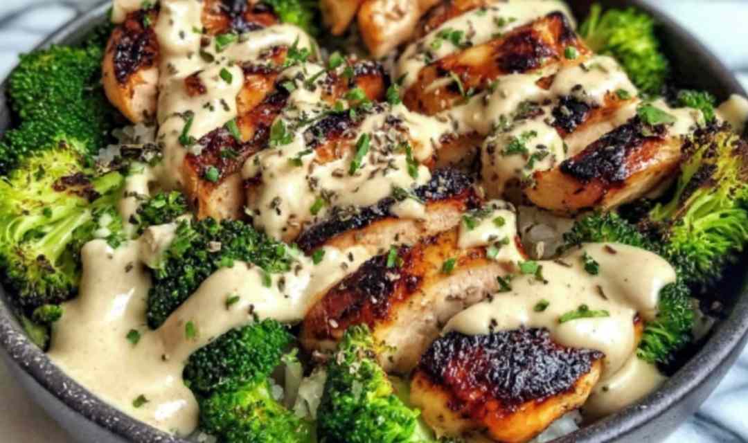 Grilled Chicken Broccoli Bowls with Creamy Garlic Sauce