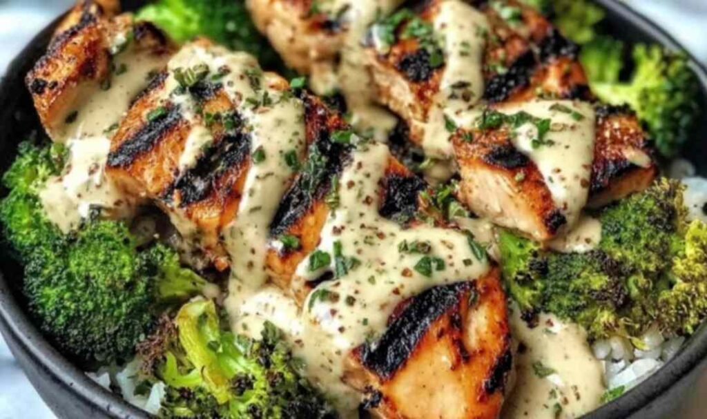 Grilled chicken broccoli bowls with creamy garlic sauce served over white rice with fresh parsley garnish