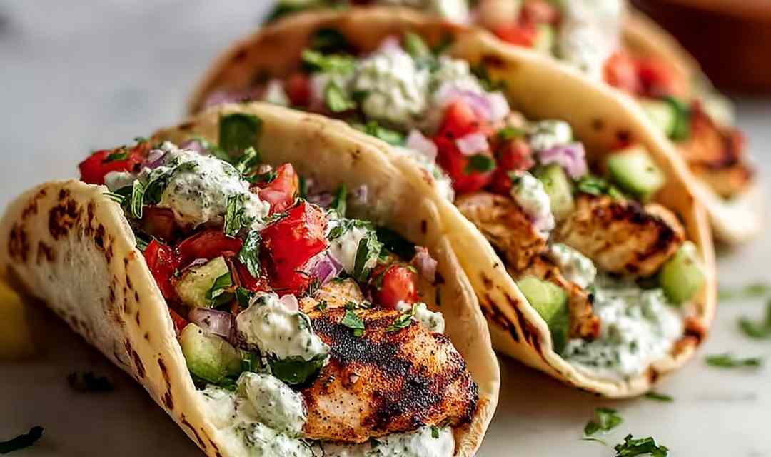 Grilled Mediterranean chicken tacos topped with homemade tzatziki, crumbled feta, and Kalamata olives on a rustic wooden board