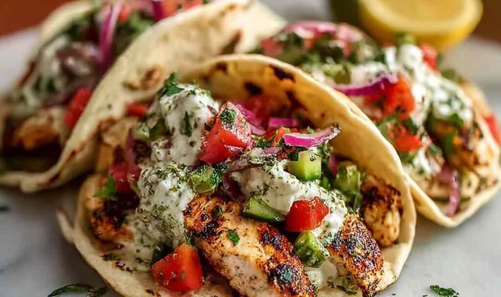 Grilled Mediterranean chicken tacos topped with homemade tzatziki, crumbled feta, and Kalamata olives on a rustic wooden board
