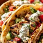 Grilled Mediterranean chicken tacos topped with homemade tzatziki, crumbled feta, and Kalamata olives on a rustic wooden board