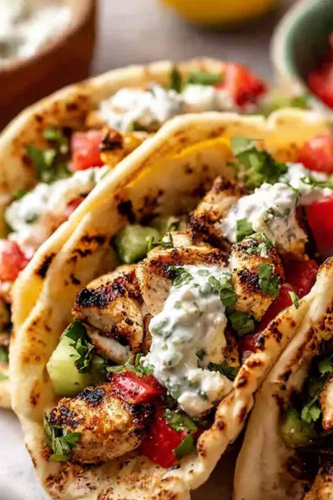 Grilled Mediterranean chicken tacos topped with homemade tzatziki, crumbled feta, and Kalamata olives on a rustic wooden board