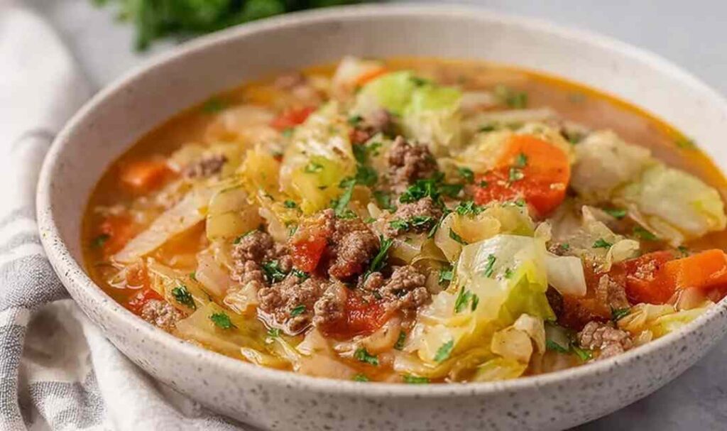 A bowl of hearty ground beef and cabbage soup with tender vegetables and rich beef broth garnished with fresh parsley