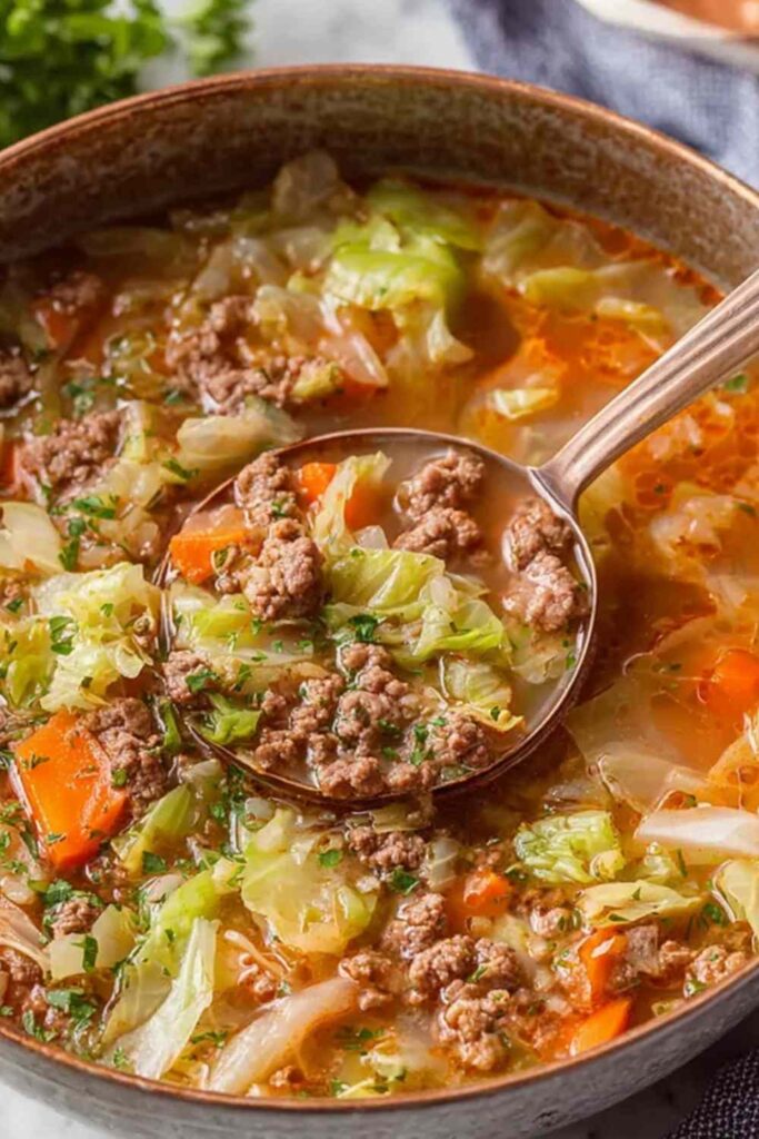 A bowl of hearty ground beef and cabbage soup with tender vegetables and rich beef broth garnished with fresh parsley
