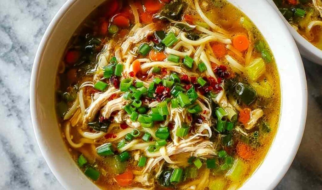 Healing ginger garlic chicken noodle soup in a white bowl garnished with green onions and sesame seeds
