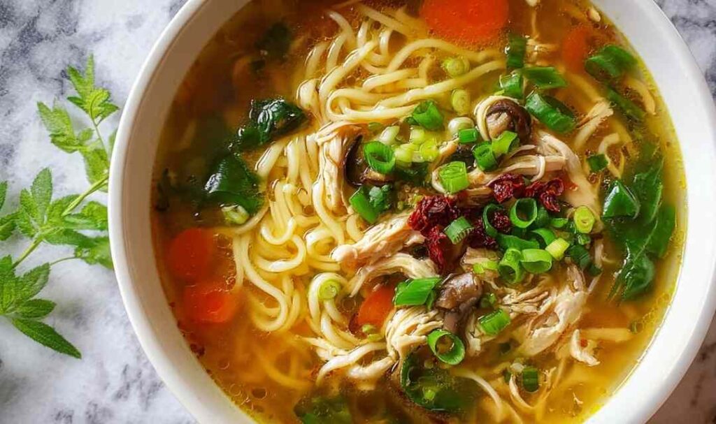Healing ginger garlic chicken noodle soup in a bowl with fresh parsley and green onions
