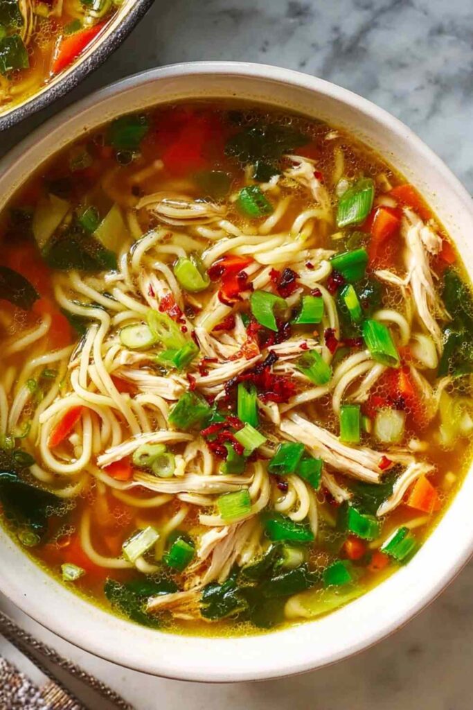 Healing ginger garlic chicken noodle soup in a white bowl garnished with green onions and sesame seeds
