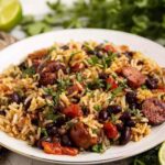 Black beans and rice with sausage in a cast iron skillet garnished with fresh cilantro