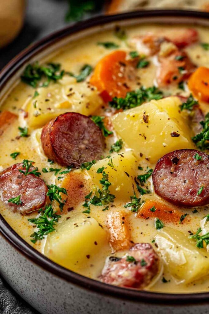 Classic German potato soup with sausage in a white bowl garnished with fresh parsley