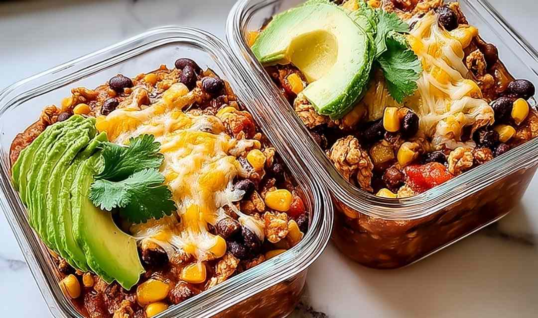 High-protein chicken cottage cheese enchilada bowls with melted bubbly cheese and fresh cilantro in a 9x13 baking dish