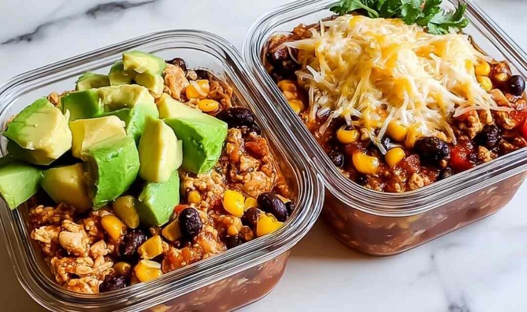 High-Protein Chicken Cottage Cheese Enchilada Bowls 5 High-protein chicken cottage cheese enchilada bowls with melted bubbly cheese and fresh cilantro in a 9x13 baking dish