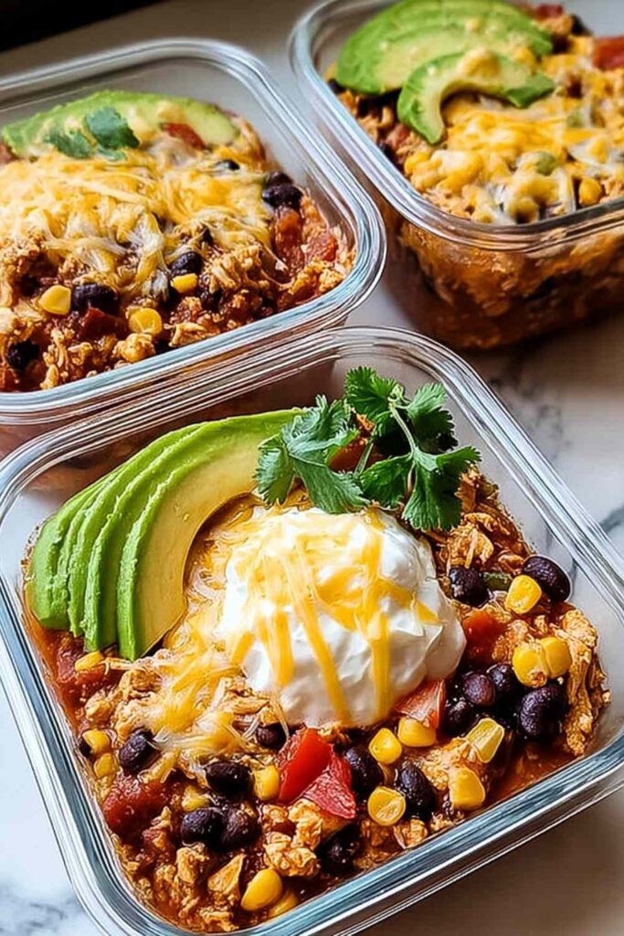 High-Protein Chicken Cottage Cheese Enchilada Bowls 6 High-protein chicken cottage cheese enchilada bowls with melted bubbly cheese and fresh cilantro in a 9x13 baking dish