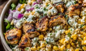 High Protein Chicken Street Corn Salad - Fresh, Creamy, and Low Calorie! High protein chicken street corn salad with grilled chicken, charred corn, avocado, and creamy lime dressing in a large bowl