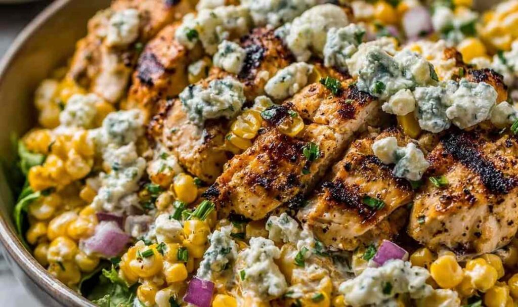 High Protein Chicken Street Corn Salad - Fresh, Creamy, and Low Calorie! 5 High protein chicken street corn salad with grilled chicken, charred corn, avocado, and creamy lime dressing in a large bowl