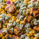 High protein chicken street corn salad with grilled chicken, charred corn, avocado, and creamy lime dressing in a large bowl