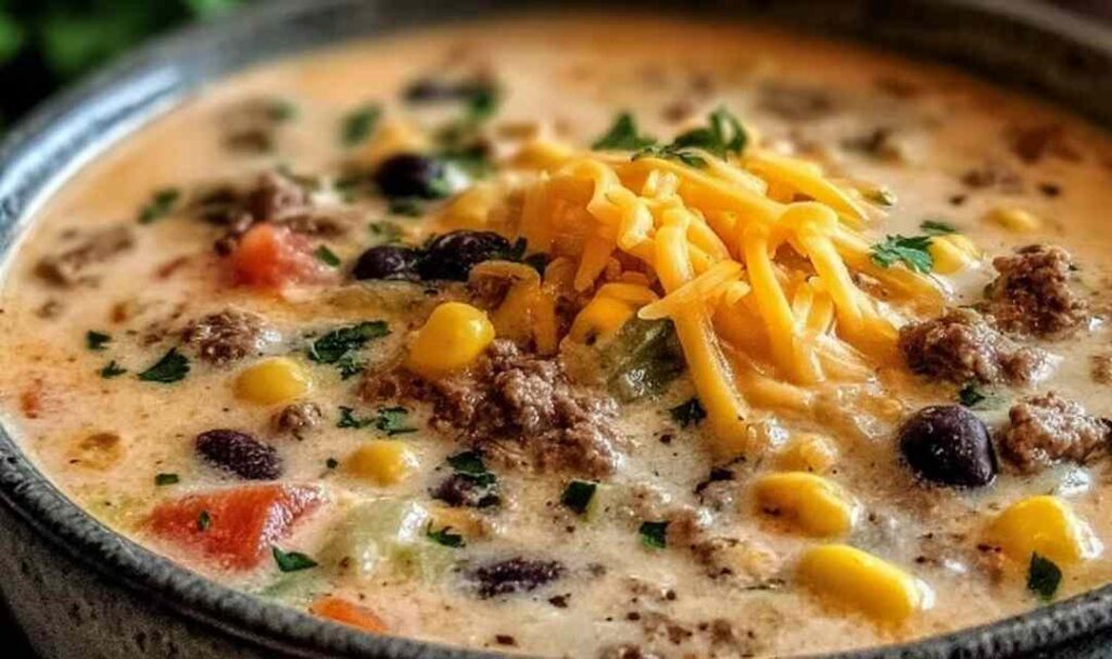 Creamy cowboy soup in a rustic bowl topped with crispy bacon and fresh parsley