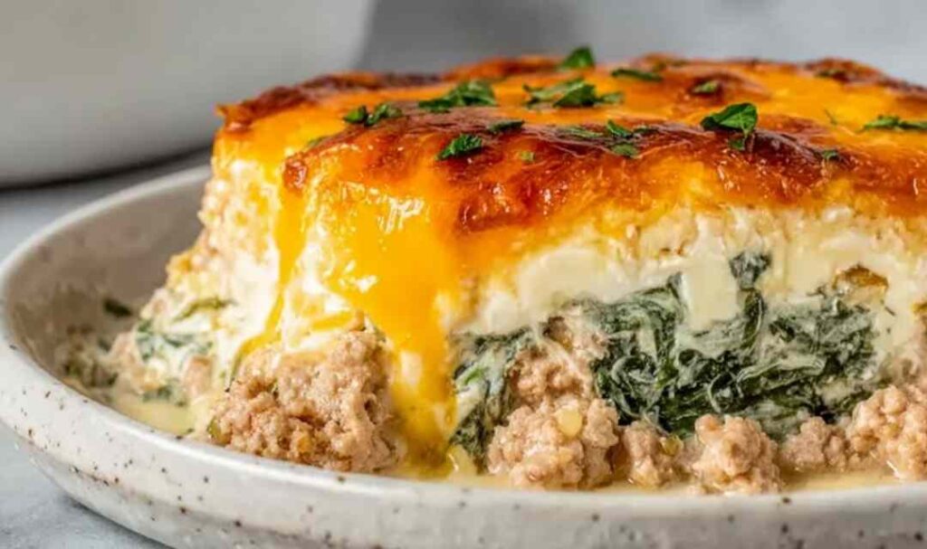 High Protein Ground Turkey Casserole 5 High protein ground turkey casserole fresh out of the oven in a baking dish with golden melted cheese on top