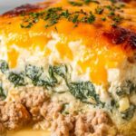 High protein ground turkey casserole fresh out of the oven in a baking dish with golden melted cheese on top