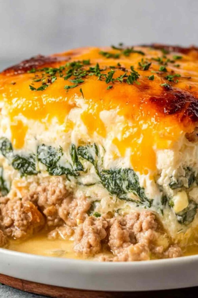 High Protein Ground Turkey Casserole 6 High protein ground turkey casserole fresh out of the oven in a baking dish with golden melted cheese on top