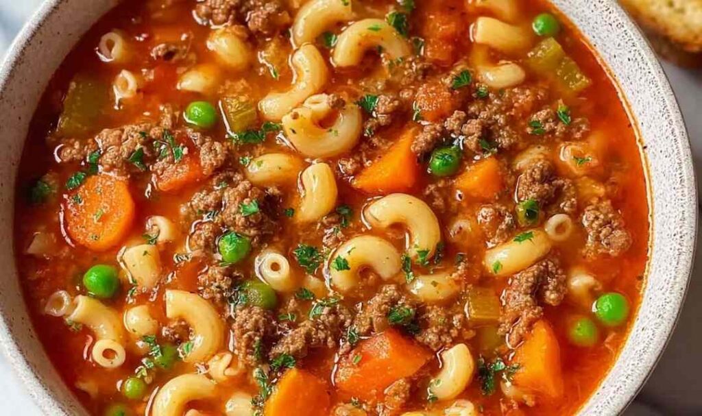 Homemade ground beef pasta soup in a white bowl topped with Parmesan cheese and fresh parsley