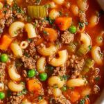 Homemade ground beef pasta soup in a white bowl topped with Parmesan cheese and fresh parsley