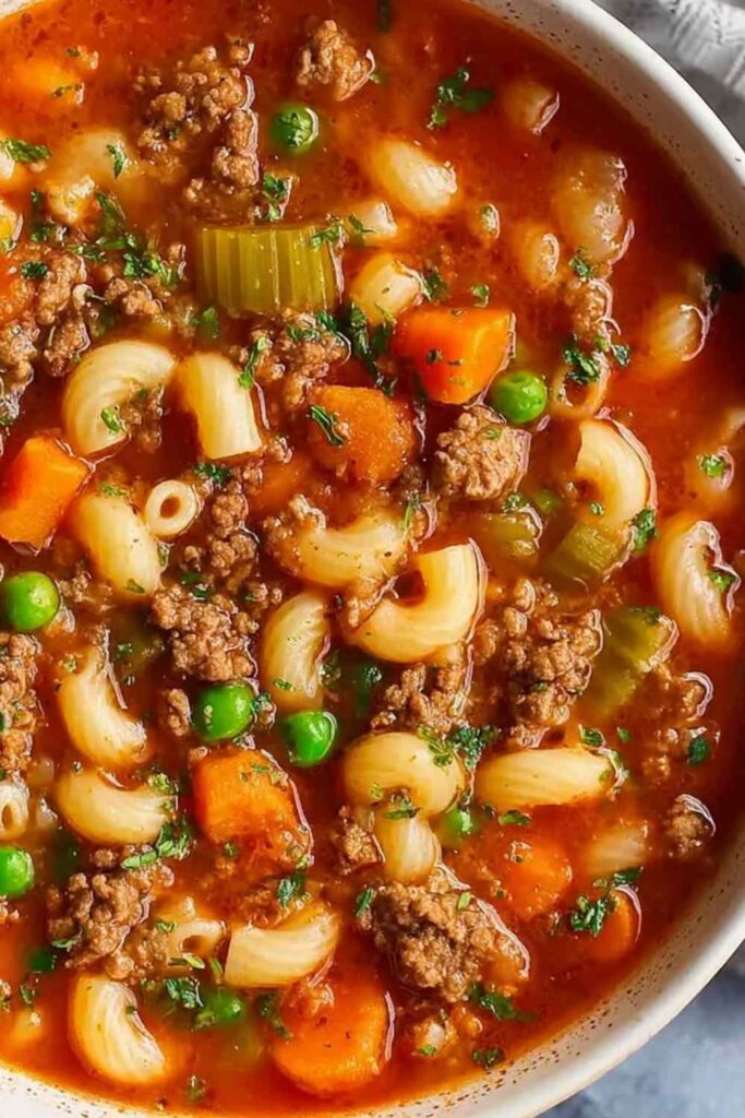Homemade ground beef pasta soup in a white bowl topped with Parmesan cheese and fresh parsley