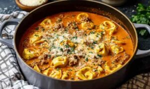 Homemade lasagna soup with tortellini topped with ricotta and melted mozzarella in a white bowl