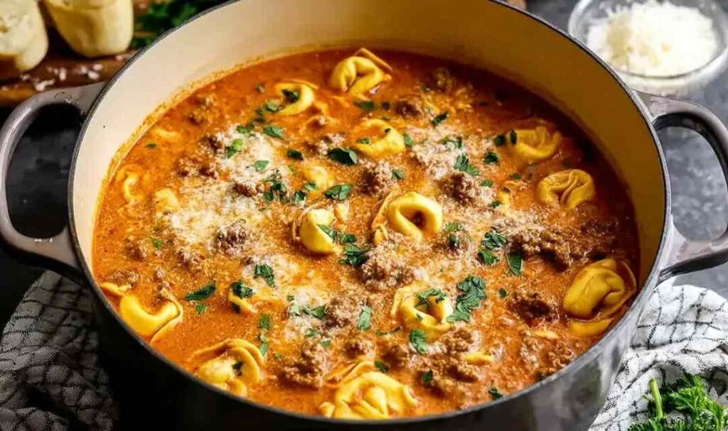 Homemade lasagna soup with tortellini topped with ricotta and melted mozzarella in a white bowl