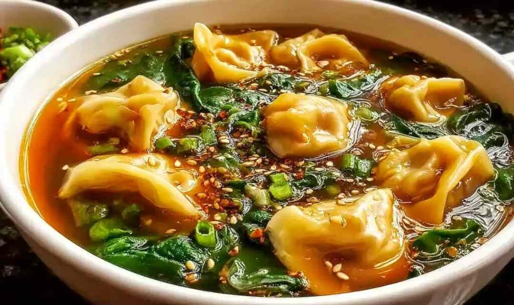 Bowl of homemade wonton soup with beef and shrimp wontons in clear broth garnished with green onions and cilantro