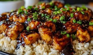 Honey BBQ Chicken Rice Honey BBQ chicken rice in a skillet topped with sliced green onions and melted cheddar cheese