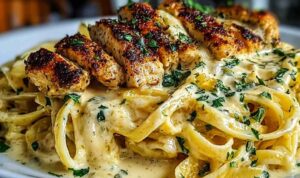 Creamy Cajun Chicken Linguine with Garlic Mozzarella Sauce Creamy Cajun chicken linguine in a skillet with melted mozzarella and fresh parsley garnish