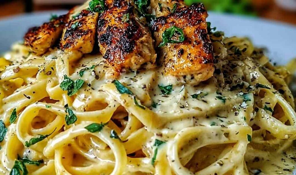 Creamy Cajun chicken linguine in a skillet with melted mozzarella and fresh parsley garnish