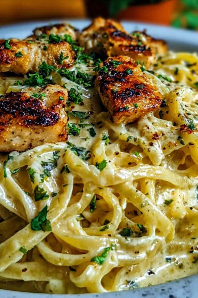 Creamy Cajun chicken linguine in a skillet with melted mozzarella and fresh parsley garnish