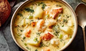 Irish Seafood Chowder A bowl of creamy Irish seafood chowder with shrimp, salmon, and potatoes garnished with fresh parsley