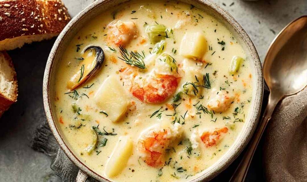A bowl of creamy Irish seafood chowder with shrimp, salmon, and potatoes garnished with fresh parsley