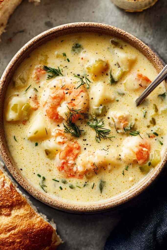 A bowl of creamy Irish seafood chowder with shrimp, salmon, and potatoes garnished with fresh parsley
