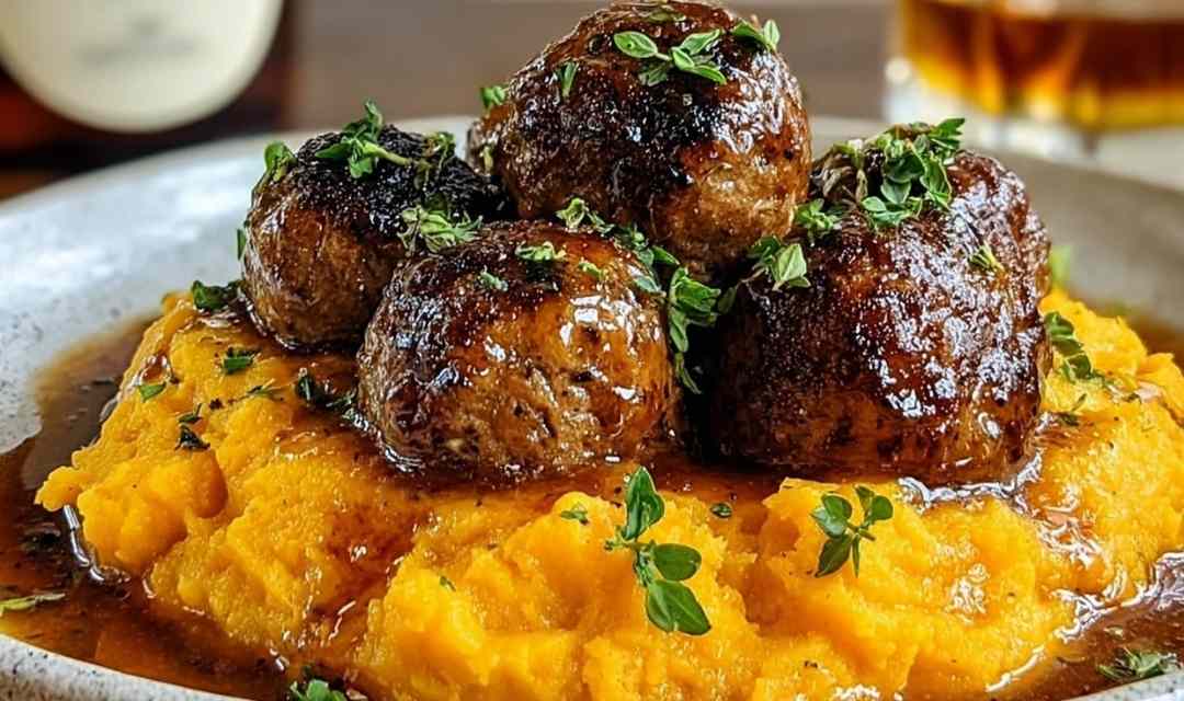 Beef Meatballs with Sweet Potato Mash and Bourbon Maple Pan Sauce