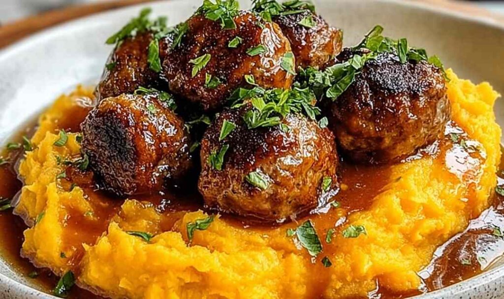 Juicy beef meatballs with creamy sweet potato mash drizzled with bourbon maple pan sauce on a white plate