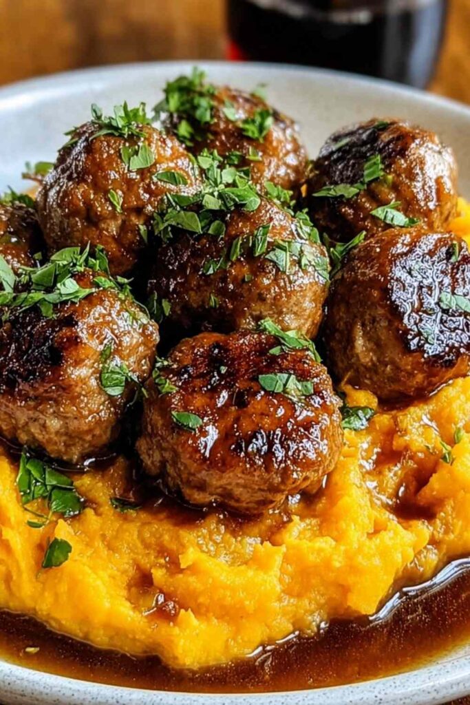 Juicy beef meatballs with creamy sweet potato mash drizzled with bourbon maple pan sauce on a white plate