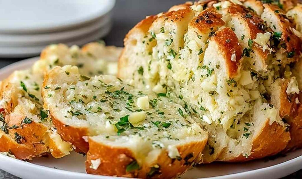 Sliced Italian herb and cheese bread on a wooden cutting board showing melted mozzarella filling