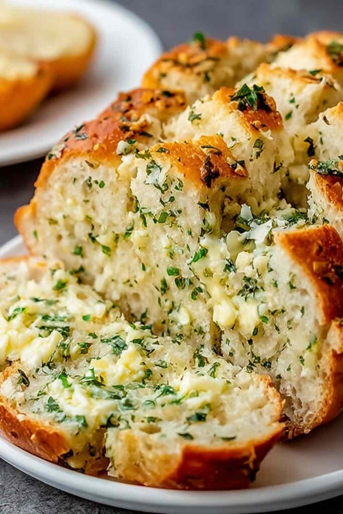 Sliced Italian herb and cheese bread on a wooden cutting board showing melted mozzarella filling