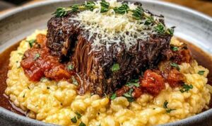 Italian Pot Roast and Parmesan Risotto Italian pot roast and Parmesan risotto served in a shallow white bowl topped with shredded beef and Parmesan cheese
